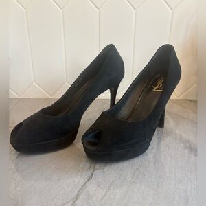Yves Saint Laurent Black Suede Peep Toe Heels in size 9